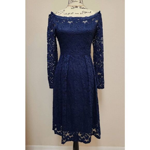 💙 Off Shoulder Lace Retro Pinup Vintage 1950s Long Sleeves Navy Dress L NWT - Picture 16 of 16